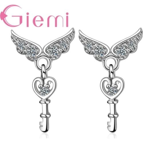 Attractive Clear Hard Austrian Crystal Cubic zirconia Genuine 925 Sterling Silver Women Female Key Shape Drop Earrings Jewelry