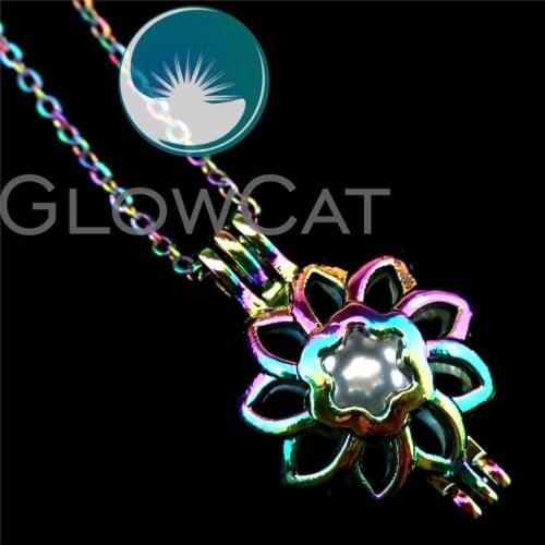 R-C249 Rainbow Color Sun Flower Beads Cage Pendant Perfume Diffuser Aromatherapy Pearl Cage Locket Necklace