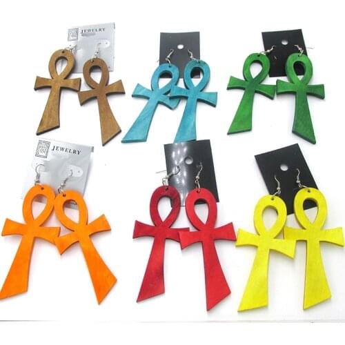 7pair/lot Big Size 8cm Ankh Wood Earrings can mixed 6 colors