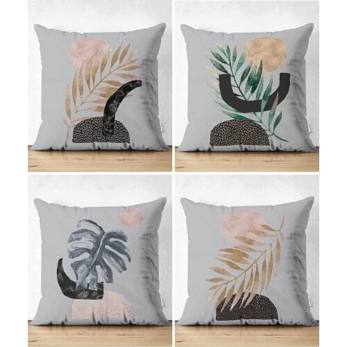 Gray Ground Silver And Gold Leaf Design Modern 4'lü Double-Sided Suede Cushion Pillow Decorate Case Set High Quality Stylish Home Garden Room Kitchen Gift Useful Decorative Colorful