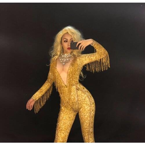 Rhinestones Sparkly Gold Stones Tassel Jumpsuit Sexy Bodysuit Female Singer Evening Stage Wear Womens Birthday Celebrate Outfit