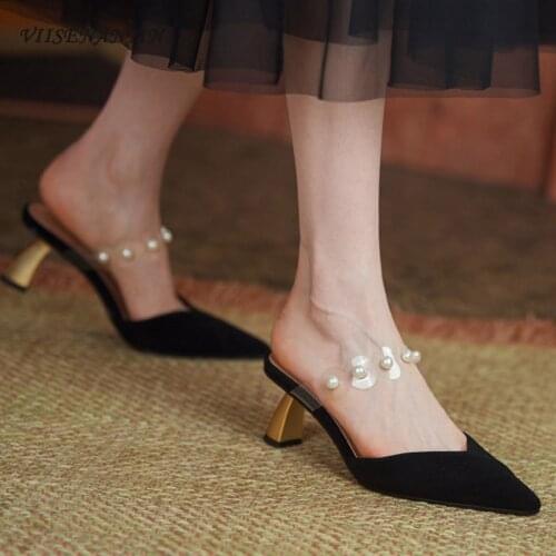 Pearl transparent strap leather pointed toe black Muller shoes summer French ladies stiletto half slippers women