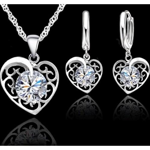 Top Quality 925 Sterling Silver Jewelry Set For Women Female Heart Shape Pendant Necklace Earrings Wholesale oorbellen