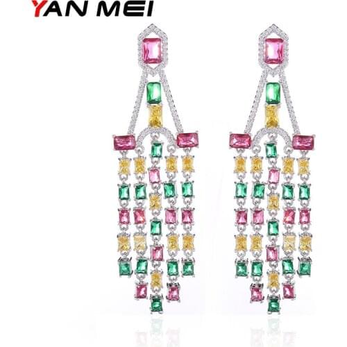 YAN MEI 2018 Club Factory Clear Mix Color Cubic Zirconia Flower Shape Long Earrings Christmas Gift GLE6644