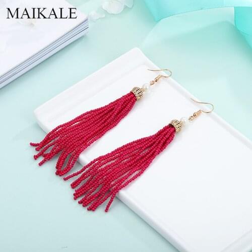MAIKALE Gold Crown Ceramic Bead Chains Tassel Long Earrings with Pearl Zirconia Dangle Earrings for Women Jewelry Girls Gifts