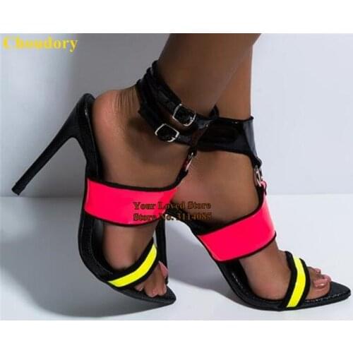 Choudory Pink Neon Yellow Mixed Color Ringe Buckle Sandals Stiletto Heels Pointed Toe Metal Decorated Dress Shoes Wedding Pumps