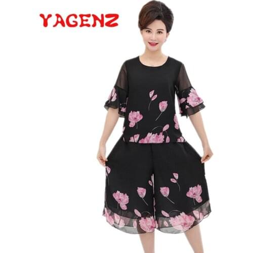 YAGENZ Summer Clothes For Women Chiffon Two Piece Set Petal sleeve Flower Print Tops Pants Plus size Suit 2 Piece Set Women 746