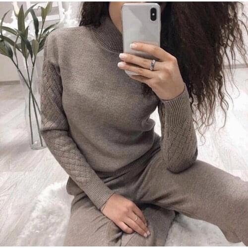 Women Knitted Tracksuit Turtleneck Sweater Casual Suit Autumn Winter 2 Piece Set Knit Pants Sporting Suit Femme Clothing