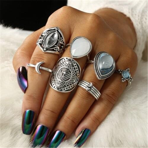 HI MAN 7Pcs/Set Bohemian Mixed Water Drop Geometric Crystal Stone Moon Ring Women Creative Vintage Party Jewelry