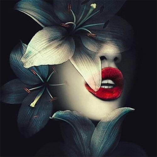 5D DIY Full Round Diamond Painting"Sexy Red Lips Woman With Lilies"Cross Stitch 3D Embroidery Rhinestone Mosaic Home Decor Y570