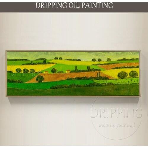 Free Shipping Hand-painted High Quality Green Landscape Wild Field Oil Painting Beautiful Small Town Landscape Oil Painting