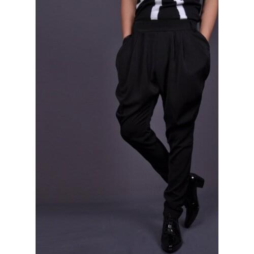 New Mens Plus Size Black Trousers Fashion Vintage Casual Loose Harem Pants Hairstylist Costumes High Quality