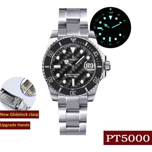 Cronos Luxury Mens Automatic Watches Stainless Steel Carbon Fiber Dial Brushed Bracelet Ceramic 200m Diver Watch