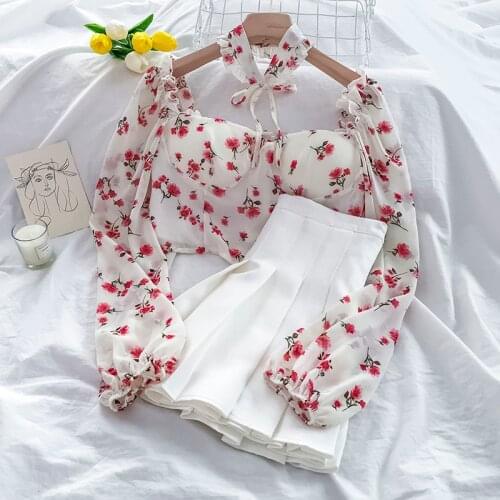 Flower print sexy club floral short women tops blouse bodycon slim shirts choker ruffles lace up top blusas mujer de moda x11