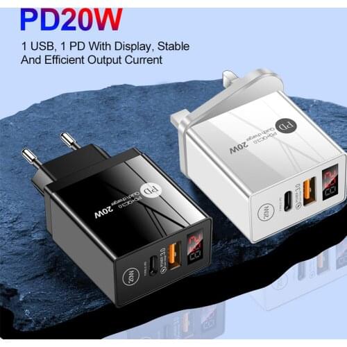 Dual Port 20W Fast Charger Qc3.0 Pd Smart LED Digital Display Fast Charge Charging Head Anti-drop For Apple Android Charger