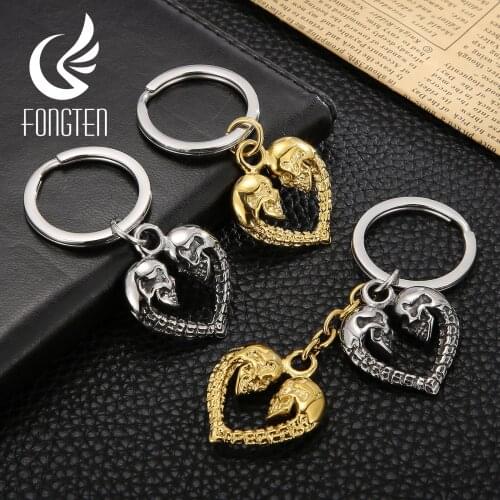 Fongten Skull Heart Shape Vintage Charm Lovers' Keychain Stainless Steel Pendant Car Key Chain Fashion Jewelry Accessories Gift