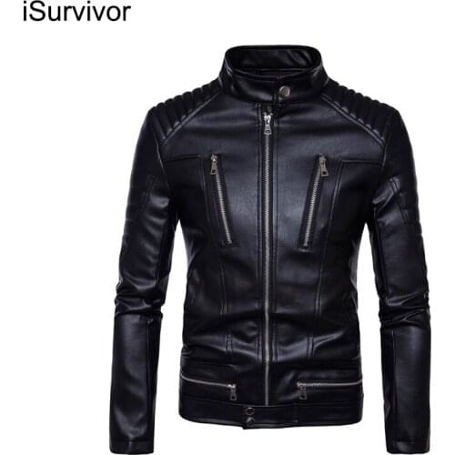 ISurvivor 2021 Boutique Mens Punk Locomotive Multi-Zipper Leather Jacket Youth Fashion Stand Collar Slim Popular Popular