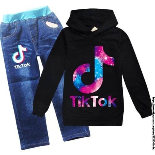 Tik Tok Kids Clothing Set Autumn Toddler Kid Boy Clothes Set Long Sleeve Hooded Sweatshirt Denim Pants Jeans Children Outfits