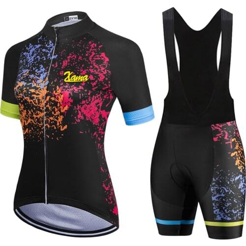 XAMA Pro Team Bib Sets Womens Black Cycling Jersey Two Piece Bicycle Short Sleeve Macaquinho Ciclismo Feminino Gel Pad Summer