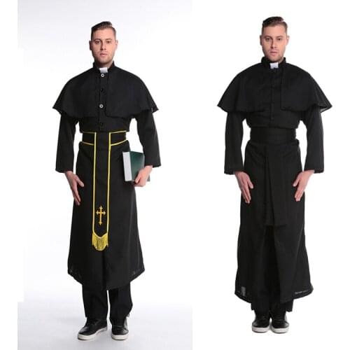 Black Men Jesus Missionary Costume Priest Christian Suits Male Nun Drama Clergyman Adults Carnival Cosplay Clothing Men Costumes
