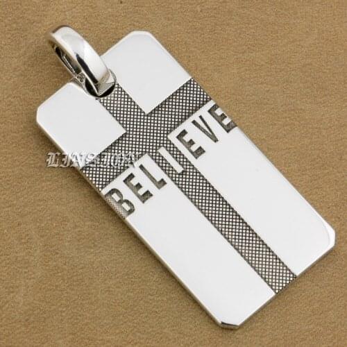 LINSION Handmade 999 Pure Silver Believe Cross Charms Pendant 9X118