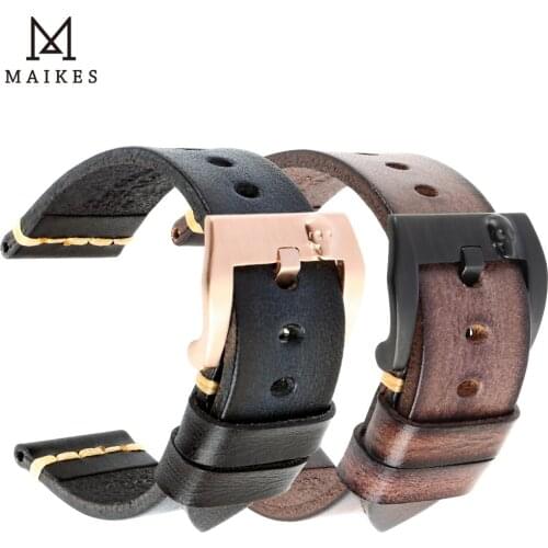 MAIKES Handmade Genuine Cow Leather Watch Band Vintage Black Watchband Watch Bracelet 20mm 22mm 24mm Watch Strap