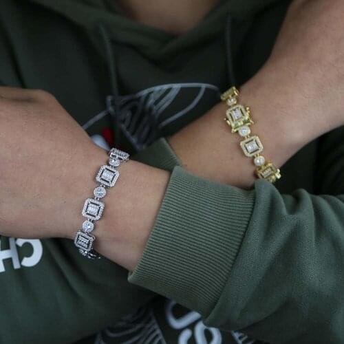 Micro Pave 5A Clear Cubic Zirconia CZ Cluster Chain Geometric Round Square Beaded Hip Hop Ice Out Bling Men Bracelet