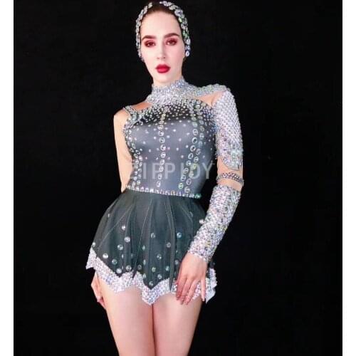 Fashion Multi-color Rhinestones Long Sleeves Black Dress DS Dance Outfit Birthday Celebrate Dress Women Singer Stage Dress