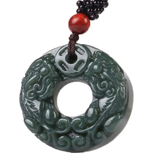 Fashion Lovers Necklace Pendant Natural Green nephrite Jade Carved Pixiu Donuts Pendant Bring Wealth Jade Jewerly Free Rope