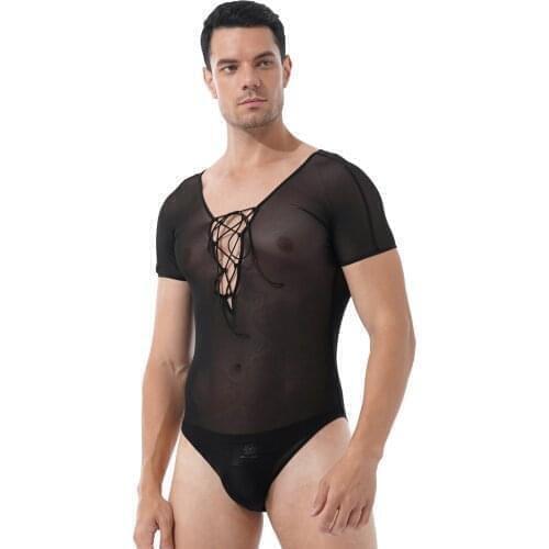 Men See-through Mesh Leotard Bodysuit Crisscross Lace-up Cutout Teddies Short Sleeve Sheer Catsuit Jumpsuit Sissy Clubwear