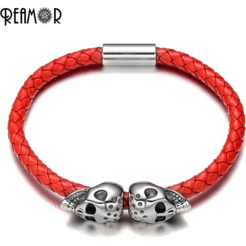 REAMOR Simple Skull Head Men Cuff Bracelet 316L Stainless Steel Bead Genuine Leather Charm Bracelets For Men Fashion Jewelry