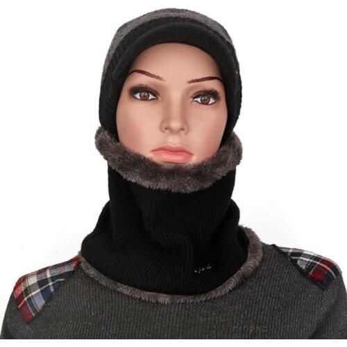 Autumn Winter Male Hats Plus Velvet Thick Skullies Beanies Cap Knitted Visor Cap Scarf Set Wind Prevent Earflap Hat Collar Cap