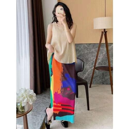 Kelana Pleated Skirt High Waist 2021 Summer New Geometric Pattern Casual Loose Drape Straight Bust Skirts