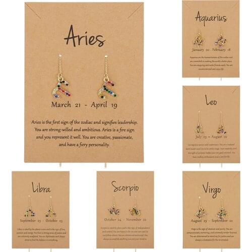 Colorful Zircon 12 Constellation Dangle Earring Zodiac Stars Sign for Women Cute Rhinestone Ear Line Astrology Piercing Jewelry