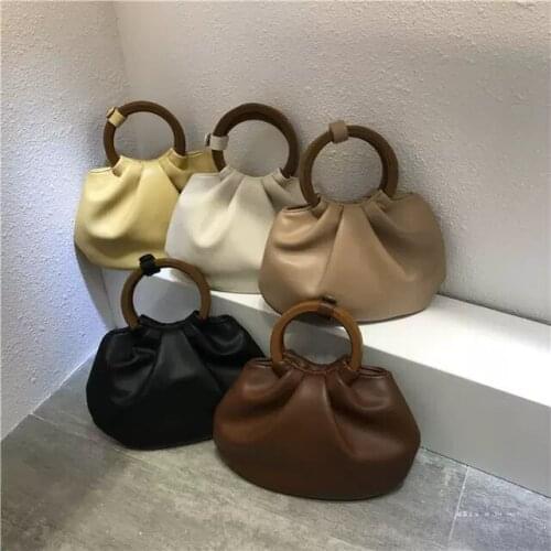 Bag For Women Wooden Handle Women Handbags Ruched Lady Shoulder Bags Luxury Soft Pu Leather Crossbody Bag Female Tote Purses