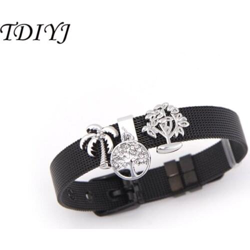 TDIYJ 21cm Stainless Steel Armband Black Bracelet Set with Coconut Family Tree Life Keeper Slide Charms Jewelry as Womens Gift