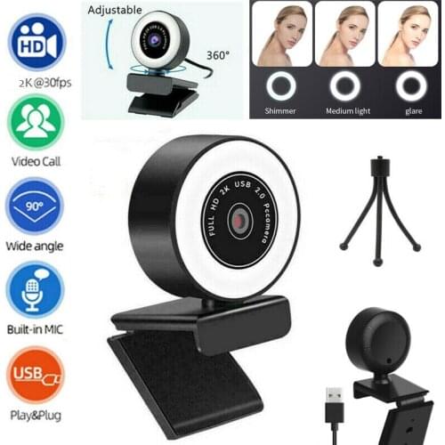 2K HD Autofocus Webcam Adjustable Ring Full Light Web Camera USB 2.0 Plug and Play With Microphone and Tripod For PC Desktop