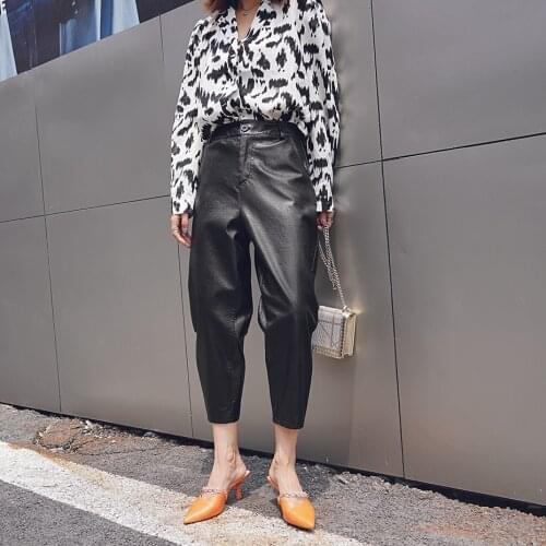 Vintage Chic PU Women Leather Pants Trousers Wide Pants Pencil Street Style High Waisted Black Pants Calf-Length Bottoms Plus