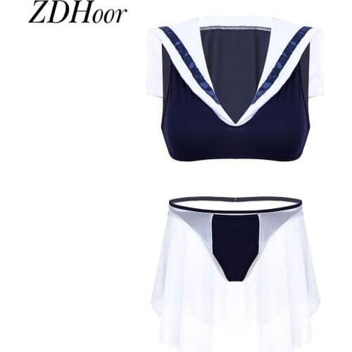 Women Schoolgirl Uniform Lingerie Set Sailor Outfit Stage Performance Cosplay Costume Sleeveless Crop Tops Sex G-string Briefs