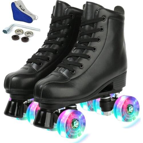 Women Black Pu Leather Roller Skates Skating Shoes Sliding Inline Quad Skates Sneakers Training Europe Size 4 Wheels Flash Wheel