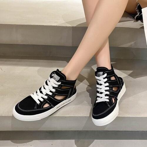 High-top Lace-up Womens Single Shoes Spring and Summer New Fashion All-match Hollow Breathable Flat Casual Shoes Woman Sandals
