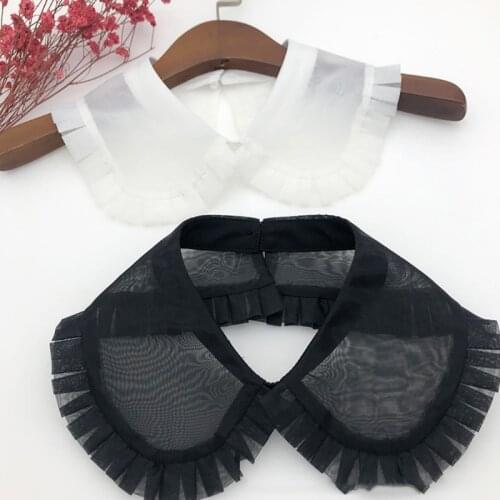 Women Organza Sheer Decorative False Fake Collar Ruffled Trim Solid Color Shawl Wrap Mini Cape One Button Detachable Necklace
