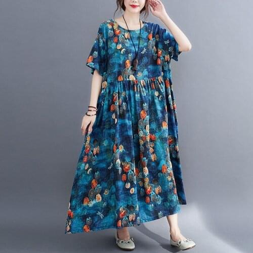 Oversized Women Cotton Linen Casual Dress New Arrival 2021 Summer Simple Style Vintage Print Loose Female Long Dresses S3243