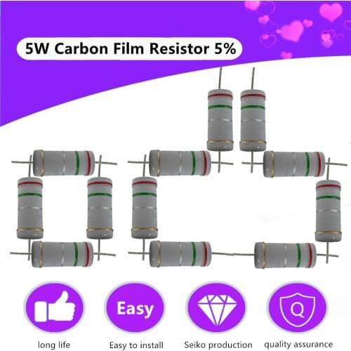 20Pcs/lots 5W High-Power Four-Color Ring 5% Carbon Film Resistors 1K 2.2K 4.7K 10K 100K 220R Full Resistor Value Ohm Resistance