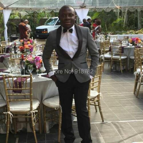 2017 Custom Made Mens Light Grey Wedding Blazer Suits, Groom Tuxedos, Best Man Suit, Elegant Men Suits (Jacket+Pants+Bow)