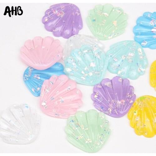 AHB 4cm Shiny Resin Shell Accessories Glitter Flatback Resin Handmade Decor Material DIY Kids Hair Rope Ornament Materials 8pcs