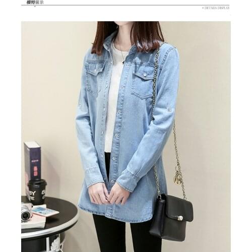 Spring and autumn women fashion loose water wash single breasted denim shirt female trendy color jean cotton thin casual blouse