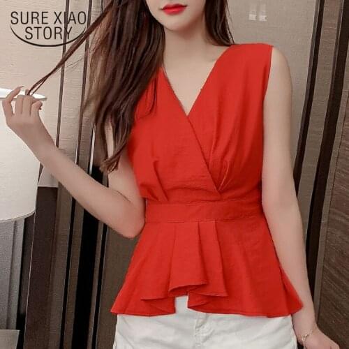 2020 Summer New Korean Sleeveless V-neck Ruffle Blouse Women Solid Color Waist Shirt White Cotton Blouse Chemisier Femme 9576