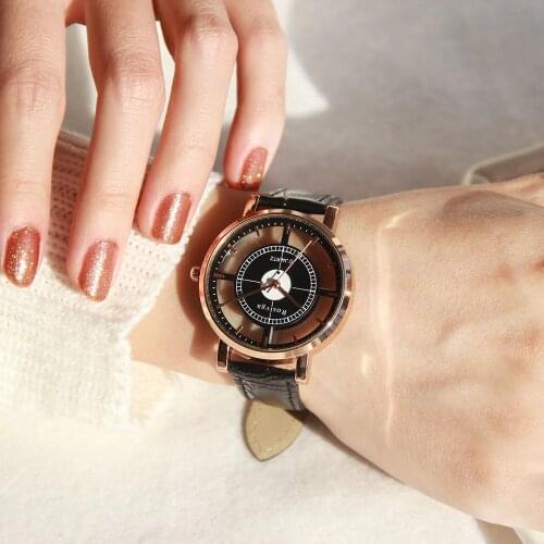 Fashion Women Watch Luxury Unique Stylish Double Hollow Lady Watches Elegant Casual Quartz Wristwatch Gift Girls Clock Black