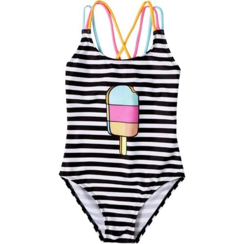 2021 Meihudia Children Striped One-piece Swimsuit Girls Ice Cream Print Sleeveless Backless Swimwear for Summer Bikinis